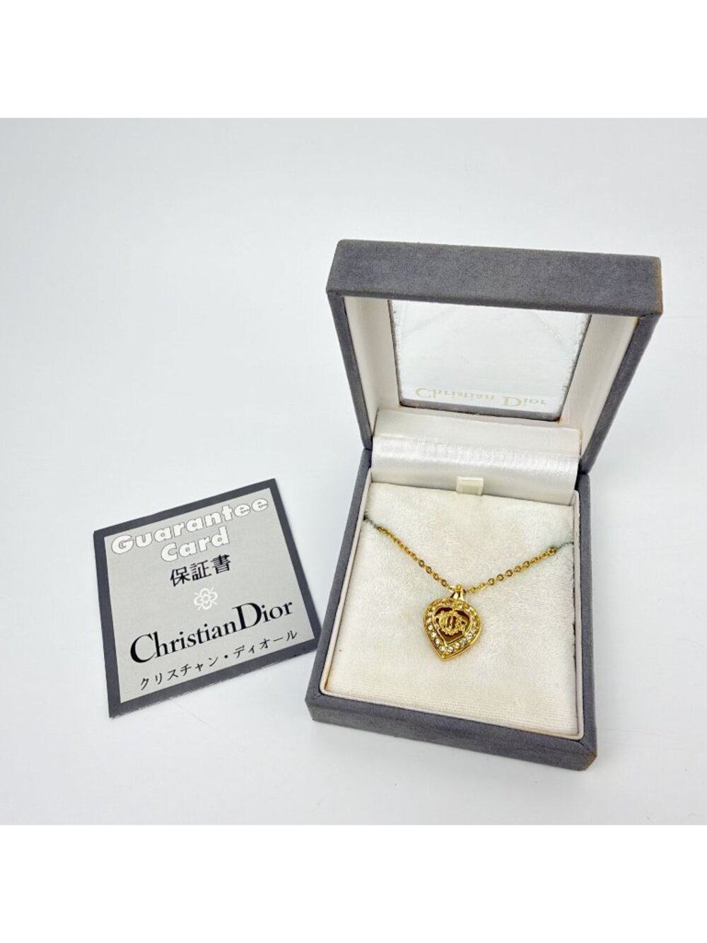 Dior CD Logo Heart Rhinestone Necklace Plated Gold Clear Vintage